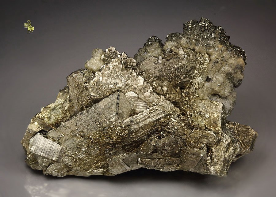 PYRITE pseudomorph after MARCASITE, epitaxial PYRITE, CALCITE