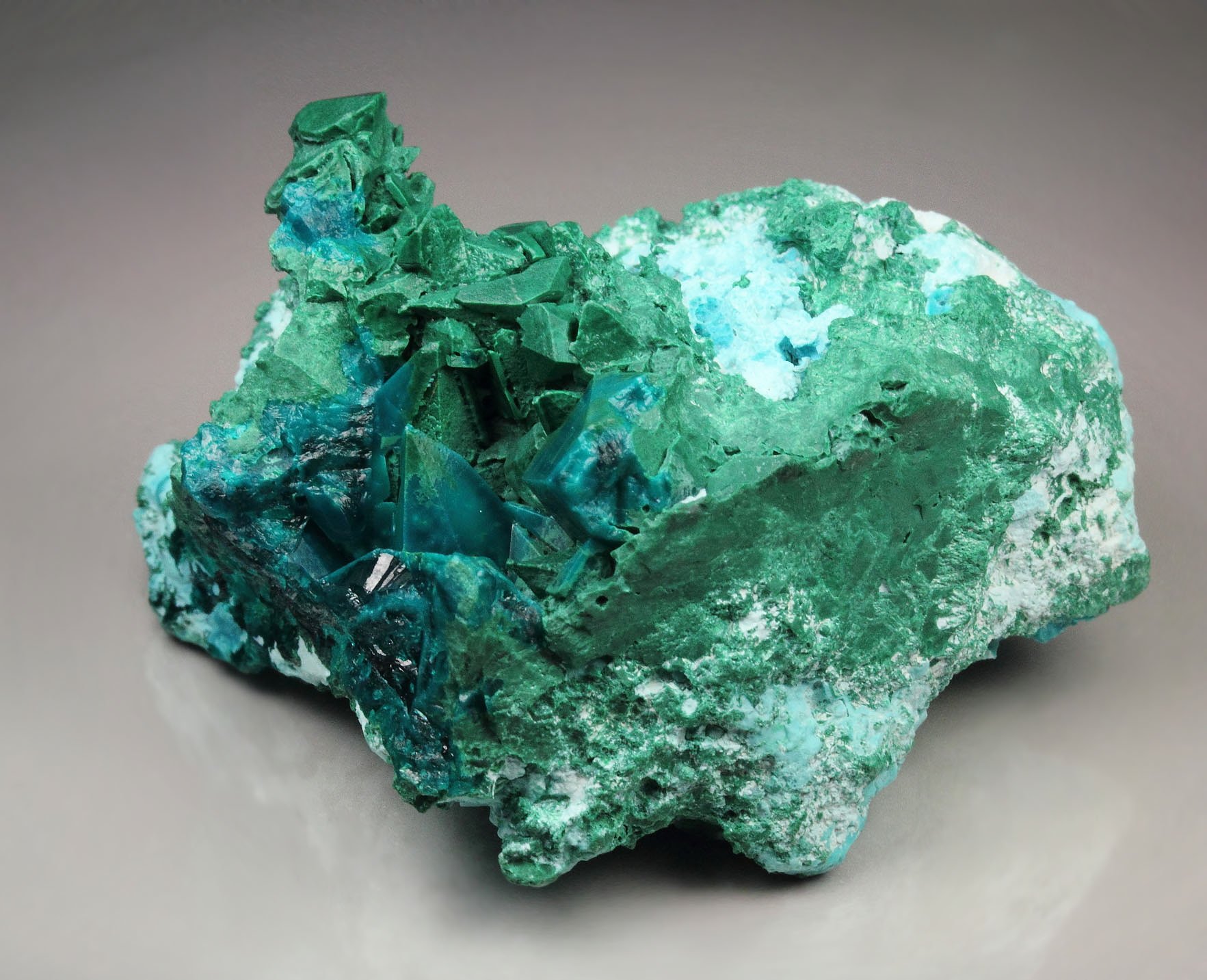 MALACHITE pseudomorph after DIOPTASE after CALCITE, CHRYSOCOLLA