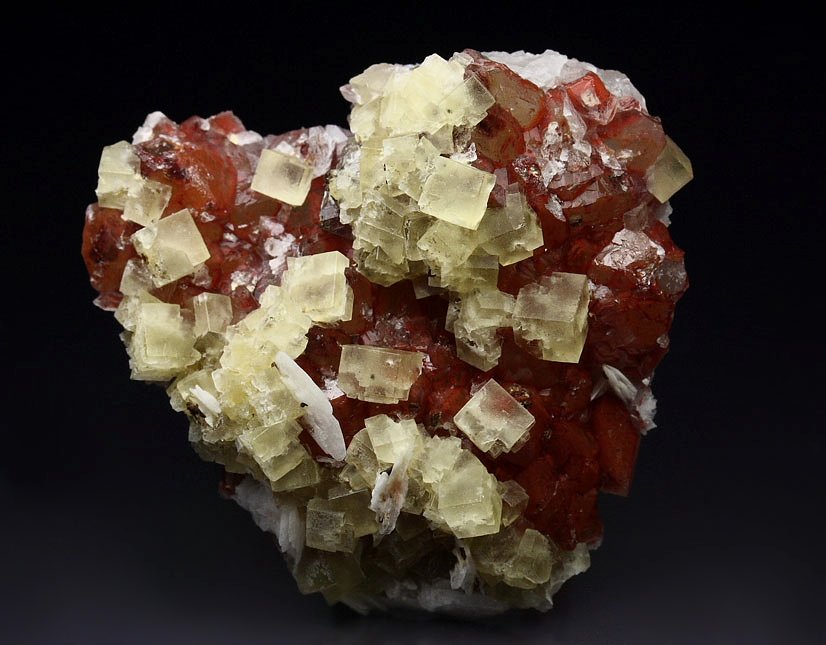 FLUORITE, QUARTZ with red HEMATITE INCLUSIONS, BARYTE