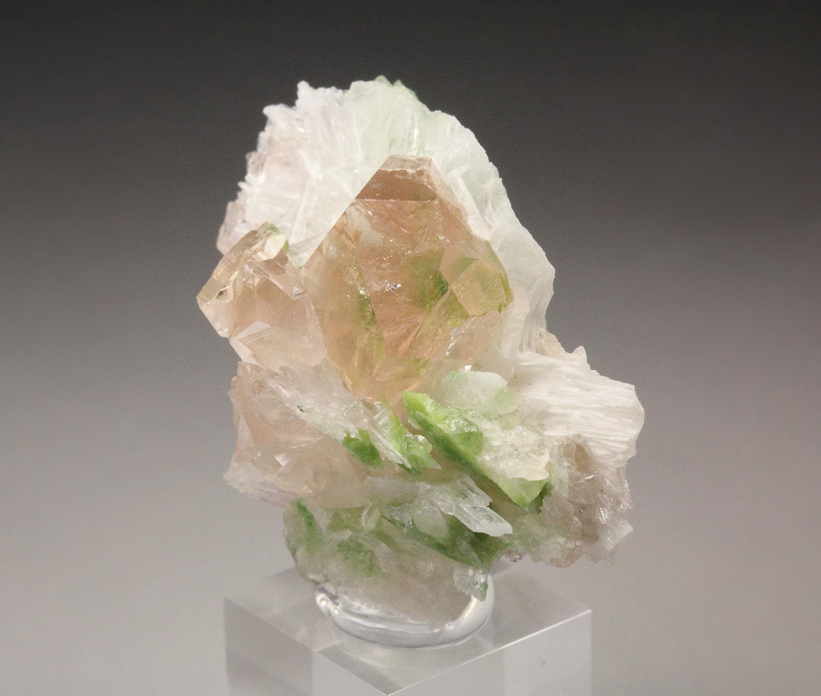 gem PINK GARNET var. GROSSULAR with GREEN CHROMIAN PHANTOMS, PECTOLITE, DIOPSIDE