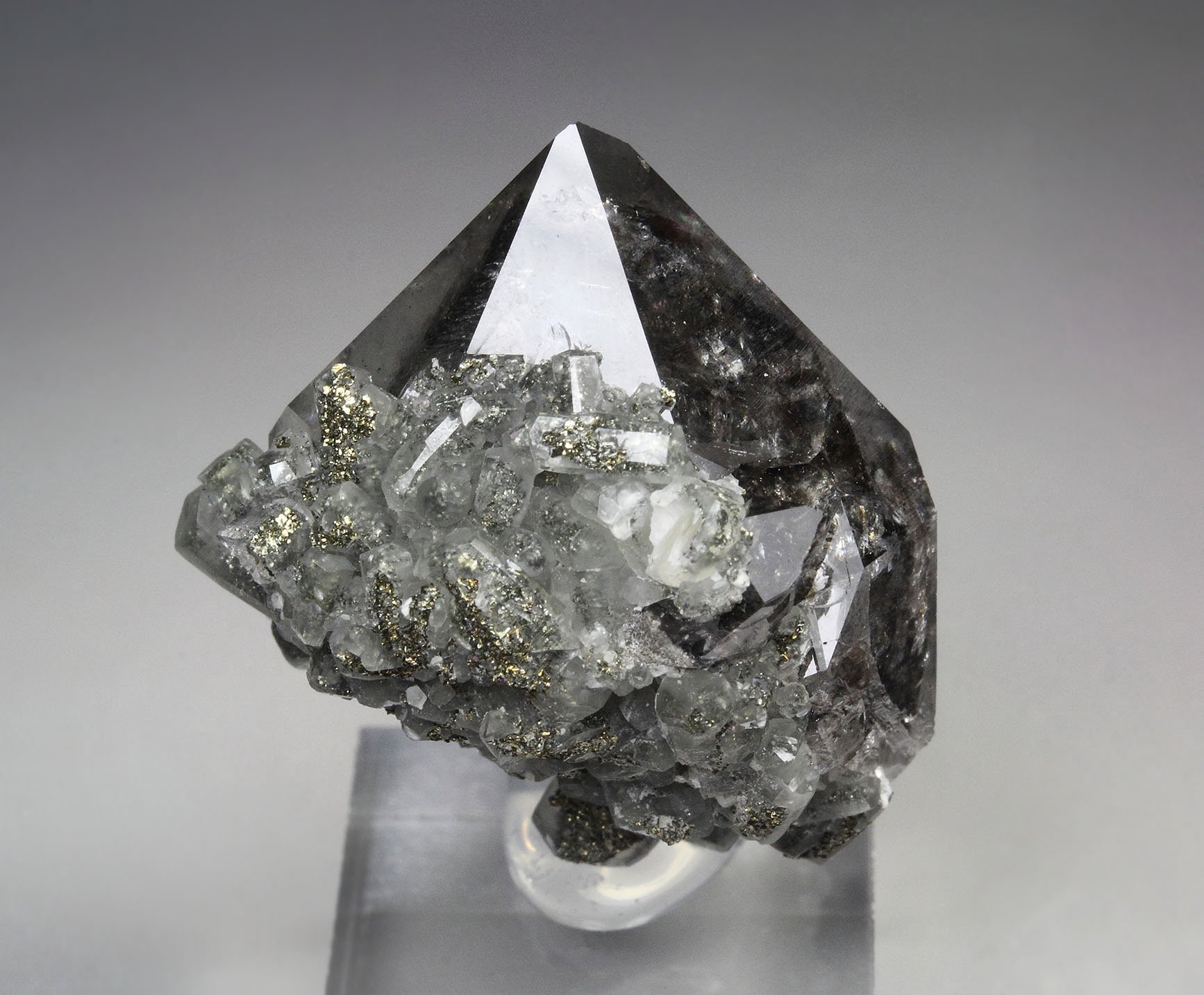 QUARTZ with bitumen inclusions, CALCITE, PYRITE